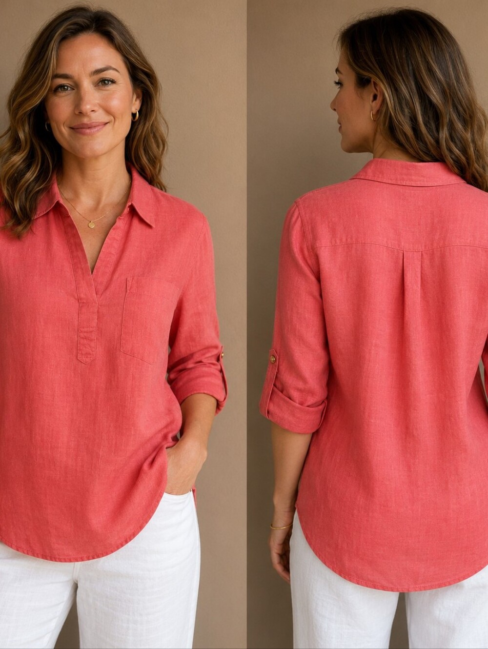 Ellen Tracy Top Sz M Coral Pink 3/4 Roll-tab Sleeves Chest Pocket 100%Linen
